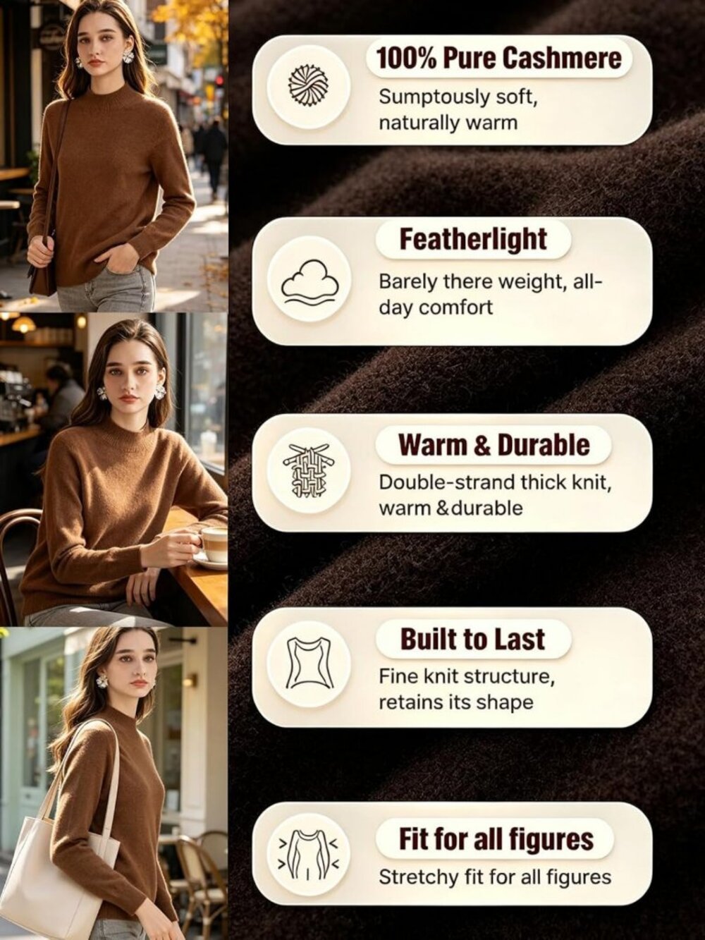 Cozy 100% Cashmere Mock Neck Sweater - Long Sleeve Knit Pullover for Fall/Winter - Picture 2 of 6